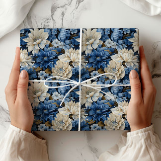 Papel de regalo floral marfil blanco azul glamour