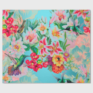 Papel De Regalo Floral Mint Garden Turquoise Pink Pastel Bird