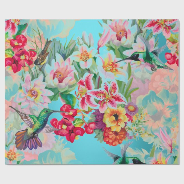 Papel De Regalo Floral Mint Garden Turquoise Pink Pastel Bird (Superficie plana)