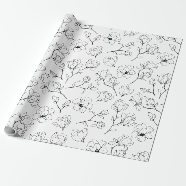 Papel De Regalo Floral moderna en blanco y negro (Desenrollado)