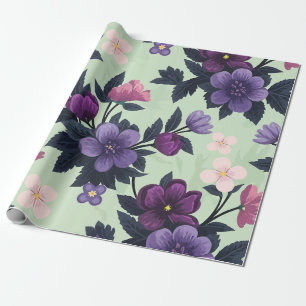 Papel De Regalo Floral morada y rosa sobre fondo verde claro