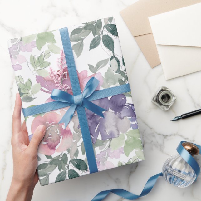 Papel De Regalo Floral morado rosa fondo blanco (Regalar)