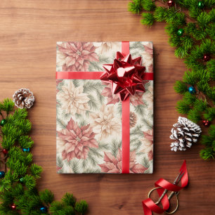 Papel De Regalo Floral Navideño Rojo Verde Cálido