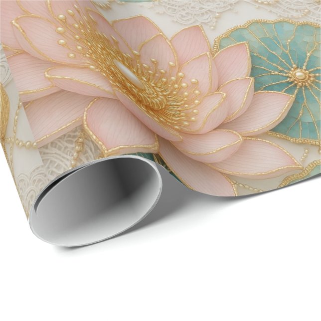 Papel de regalo floral Opulence rosa y verde (Esquina del rollo)