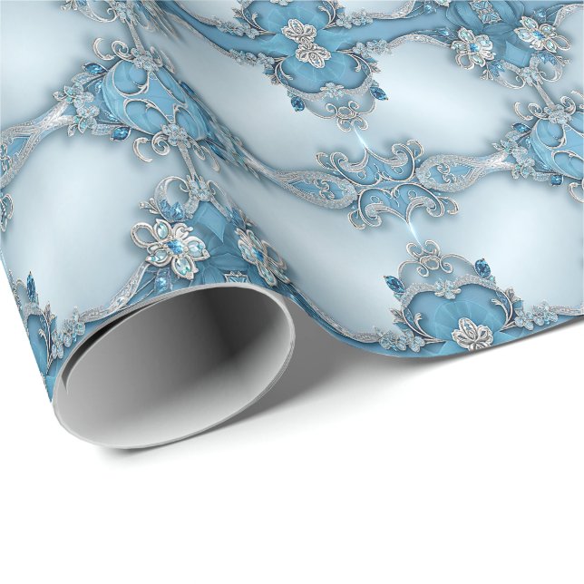 Papel de regalo floral ornamentado azul (Esquina del rollo)