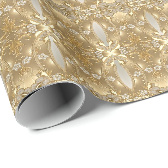 Papel de regalo floral ornamentado dorado (Esquina del rollo)