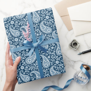 Papel De Regalo Floral Paisley Vintage de Azul Marino y Blanco