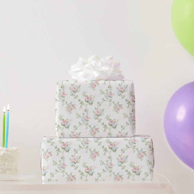 Papel De Regalo Floral Pastel rosa Azul Nacimiento Azul Boda (Regalos de fiesta)
