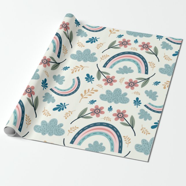 Papel De Regalo Floral pattern with rainbow and cloud shapes  (Desenrollado)