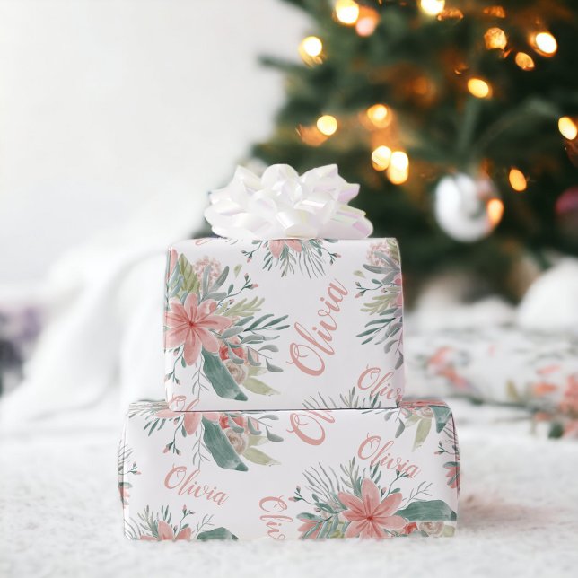 Papel De Regalo Floral polvorienta rosa acuarela Bebé Nombra guión (Floral dusty pink watercolor Baby Girl Name script Wrapping Paper)