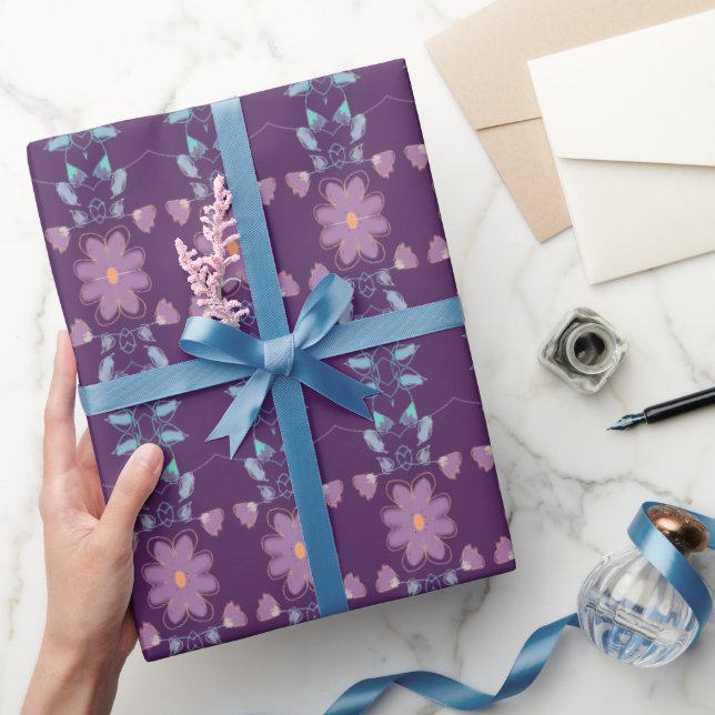 Papel De Regalo Floral púrpura y azul de ciruela (Regalar)