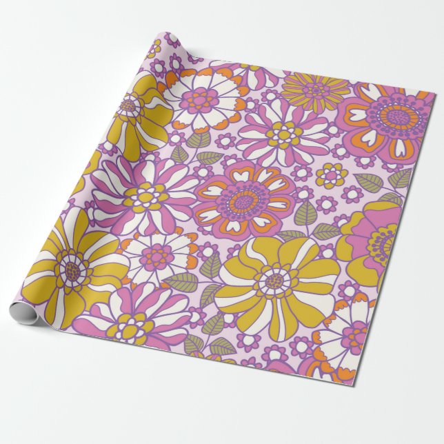 Papel De Regalo Floral retro de los años 60. Patrón de ilustracion (Desenrollado)