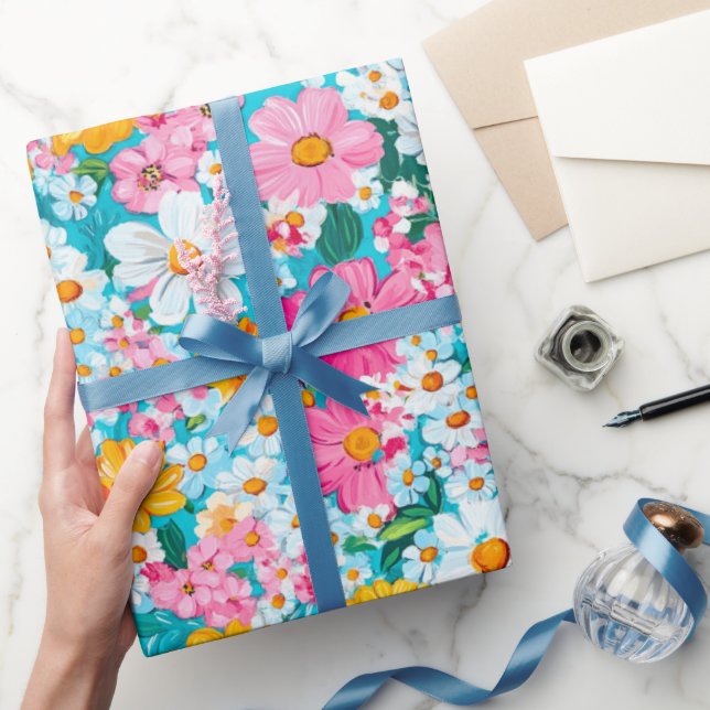 Papel De Regalo Floral retro rosa y azul bonito (Regalar)