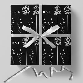 Papel De Regalo Floral Rizado Minimalista Negro y Blanco