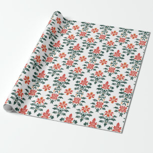 Papel De Regalo Floral roja, Naranja y verde