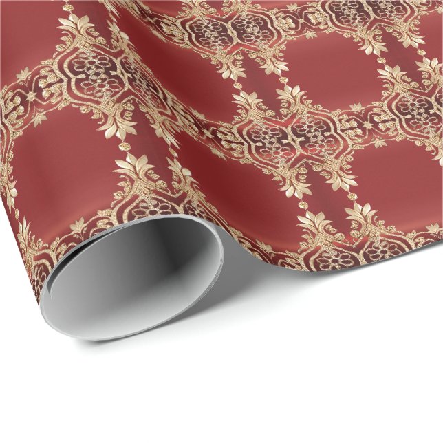 Papel de regalo floral rojo dorado moderno (Esquina del rollo)