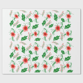 Papel de regalo floral rojo festivo y follaje verd