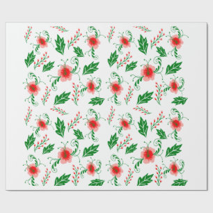 Papel de regalo floral rojo festivo y follaje verd