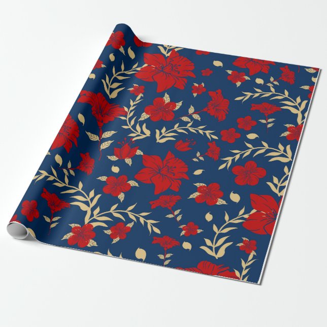 Papel de Regalo Floral Rojo y Dorado (Desenrollado)