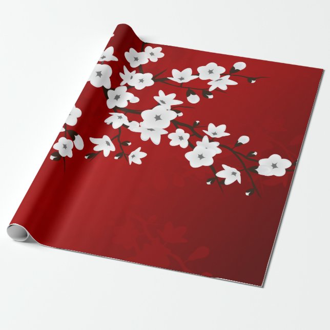 Papel De Regalo Floral Rojo Y Flor De Cerezo Blanco (Desenrollado)