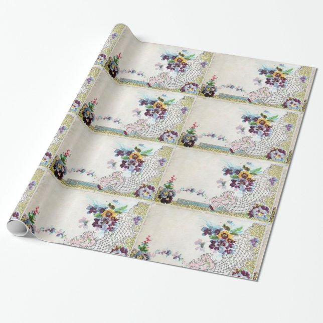 Papel De Regalo Floral ROMANTİCA,Cesta elegante de flores,Pansies (Desenrollado)