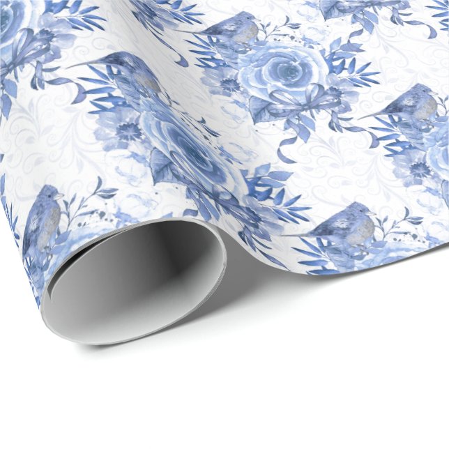 Papel De Regalo Floral rosa azul y blanca de la marina (Esquina del rollo)