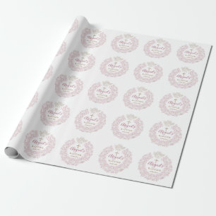 Papel De Regalo Floral Rosa Bebé Ángel Cruce Baptismo
