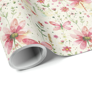 Papel de regalo floral rosa bonito con libélula
