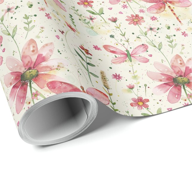 Papel de regalo floral rosa bonito con libélula (Esquina del rollo)
