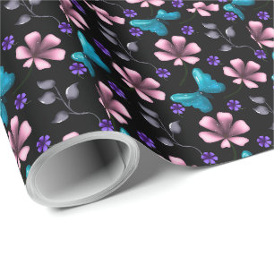 Papel De Regalo Floral Rosa Caprichoso y Mariposa Azul Sin Costura