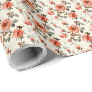 Papel de regalo floral Rosa con Abejorro Botánico