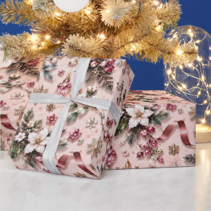Papel De Regalo Floral Rosa Invernal Sonrojada