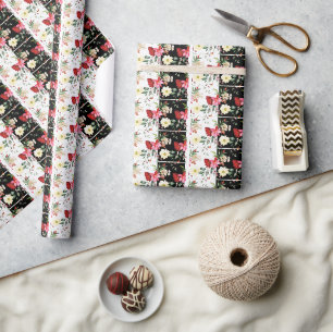 Papel De Regalo Floral Rosa negro y blanco Rayas verticales vintag