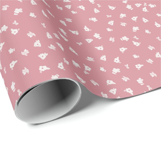 Papel de regalo floral rosa polvoriento (Esquina del rollo)