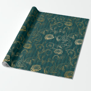 Papel De Regalo Floral Rosa Teal y Dorado Vintage