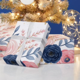 Papel de regalo floral rosa y azul marino