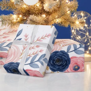 Papel de regalo floral rosa y azul marino