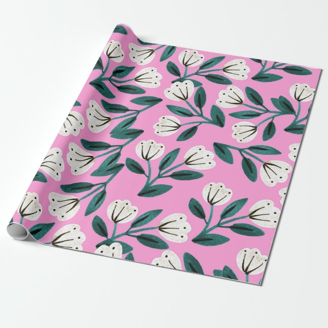 Papel De Regalo Floral Rosa y Blanco (Desenrollado)