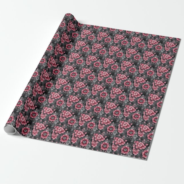 Papel De Regalo Floral Rosa y Gris (Desenrollado)