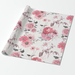 Papel De Regalo Floral Rosa y Plateado