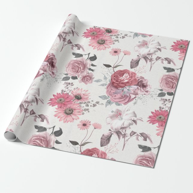 Papel De Regalo Floral Rosa y Plateado (Desenrollado)
