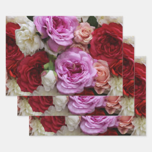 Papel de regalo floral rosa y rojo, 3 hojas