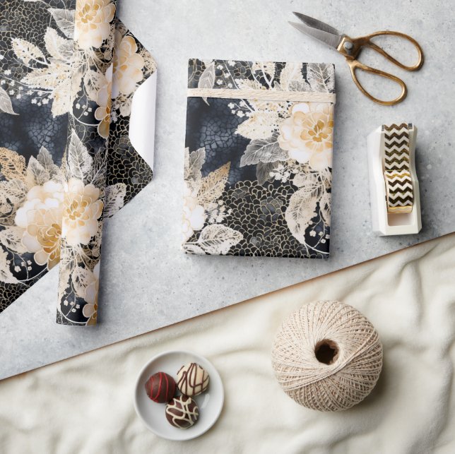 Papel De Regalo Floral salvaje de leopardo negro crema (Artesanía)