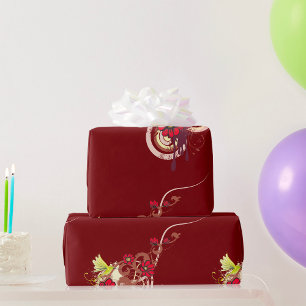 Papel De Regalo Floral Swirl con flores rojas y colibrí
