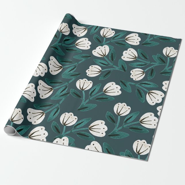 Papel De Regalo Floral Teal y Blanco (Desenrollado)
