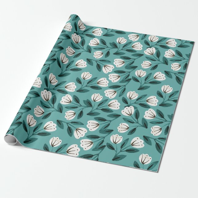 Papel De Regalo Floral Teal y Blanco (Desenrollado)