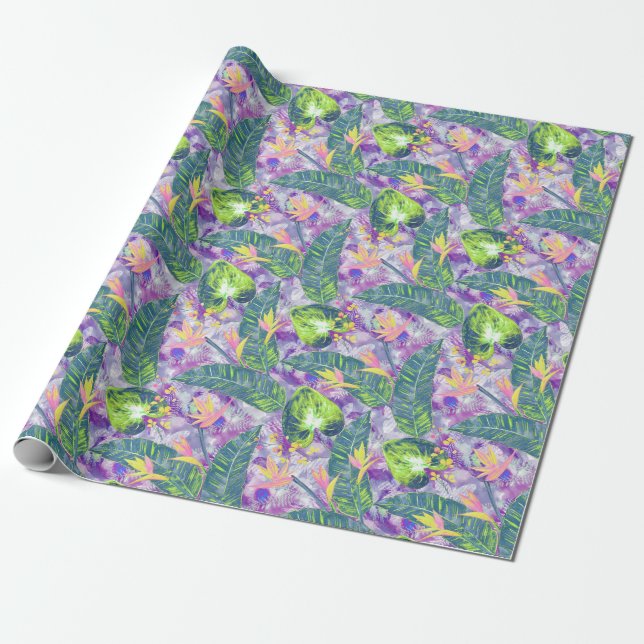 Papel De Regalo Floral tropical, botánica, lila, verde, rosa (Desenrollado)