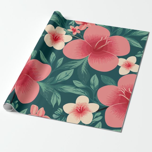 Papel De Regalo Floral tropical con hibiscus rojo y crema (Desenrollado)