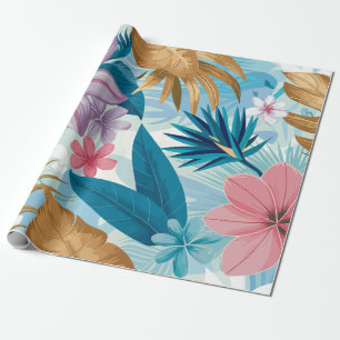 Papel De Regalo Floral tropical con hojas exuberantes y flores exó