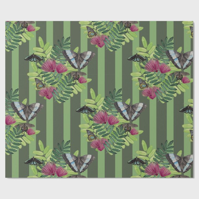 Papel de regalo floral tropical de mariposa rayada (Superficie plana)